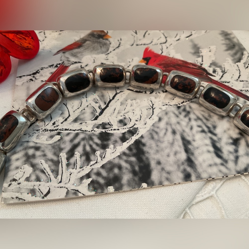 VINTAGE .950 SILVER MAHOGANY OBSIDIAN 9 LINK BRACELET, TOGGLE CLASP 36 GRAMS - Picture 16 of 16